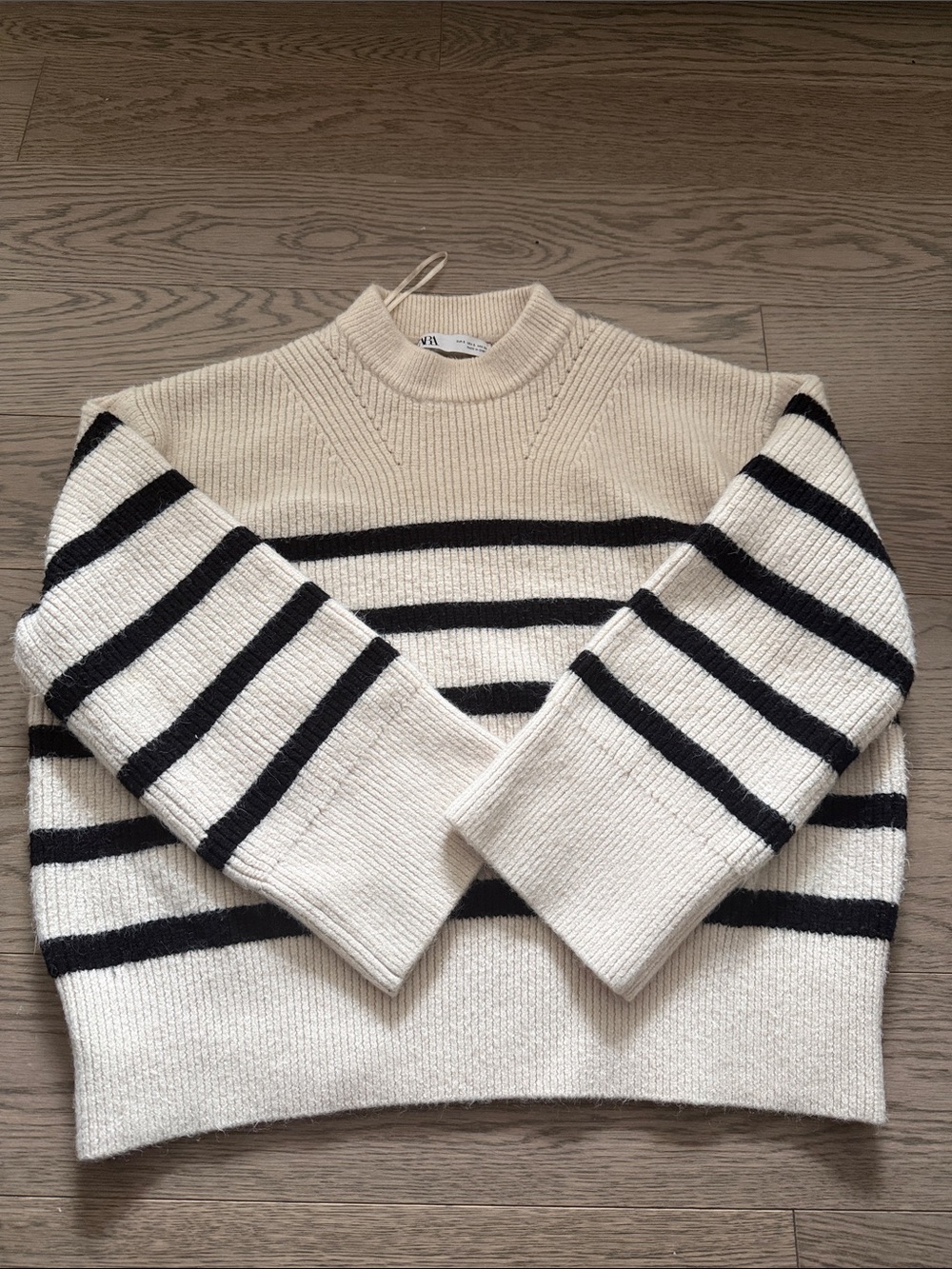 Zara Cream and Black Striped Crewneck Sweater